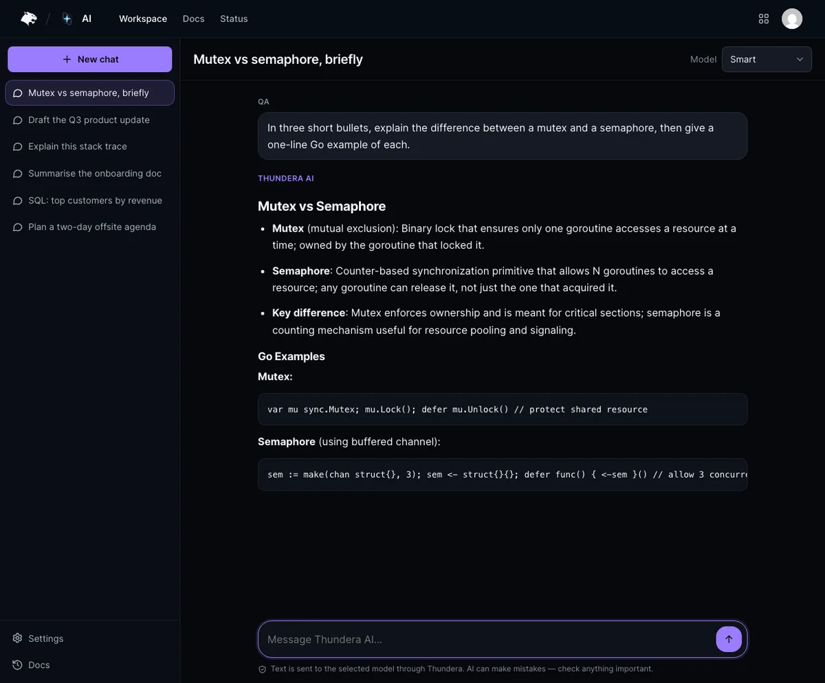 The Thundera AI workspace: conversation history on the left, a streamed answer in the centre and the model picker above the composer.